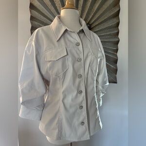 New with Tags! $495 Cinq à Sept White Faux Leather Button-Up Jacket Shirt sz 14